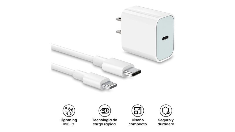Cargador Apple de Carga Rápida USB C de 20W + Cable Lightning a