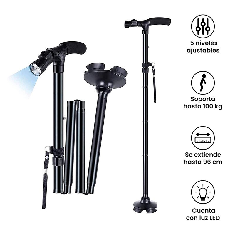 Bastón Plegable Magic Cane 5 Niveles Luz Led Negro