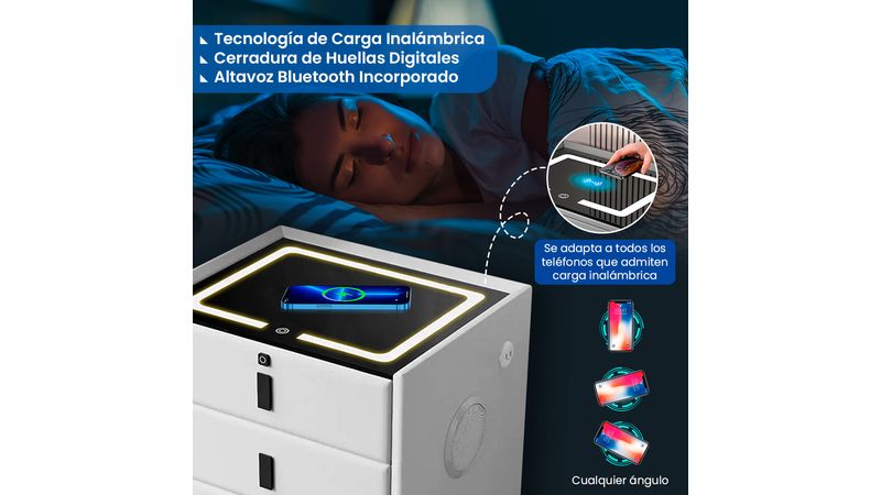 Mesa de Noche Smart Carga Inalambrica Huella Dactilar y Parlante Bluetooth
